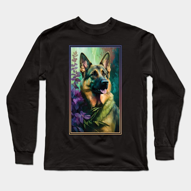 German Shepherd Dog Vibrant Tropical Flower Tall Digital Oil Painting Portrait Long Sleeve T-Shirt by ArtHouseFlunky